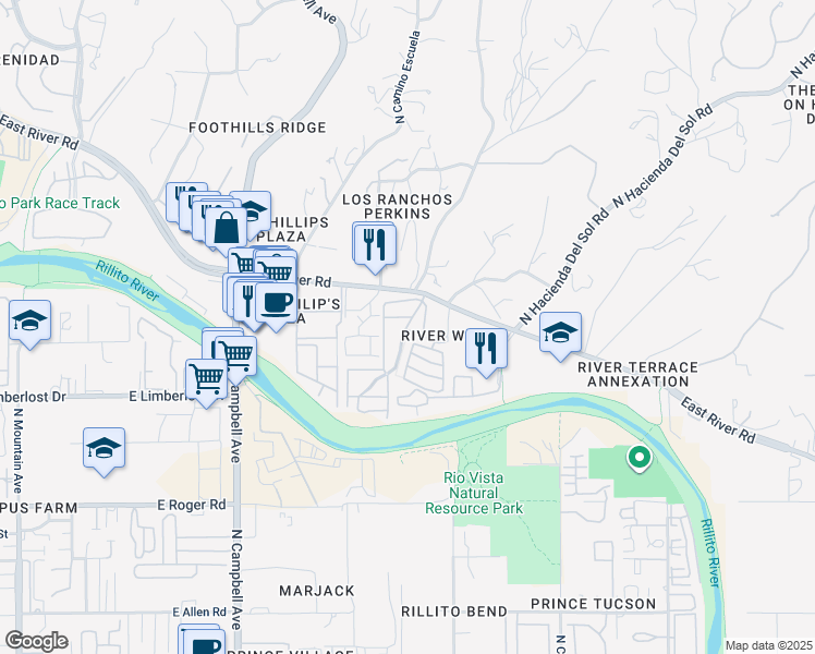 map of restaurants, bars, coffee shops, grocery stores, and more near 4359 North Río Canción in Tucson