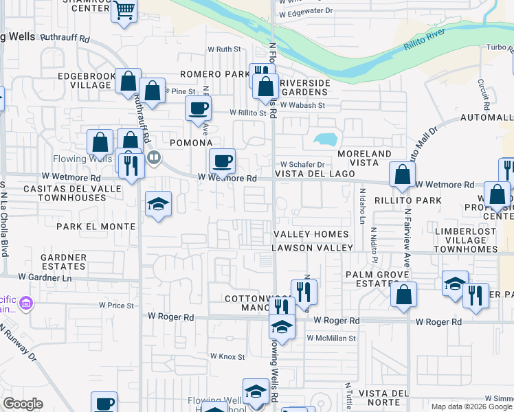 map of restaurants, bars, coffee shops, grocery stores, and more near in Flowing Wells