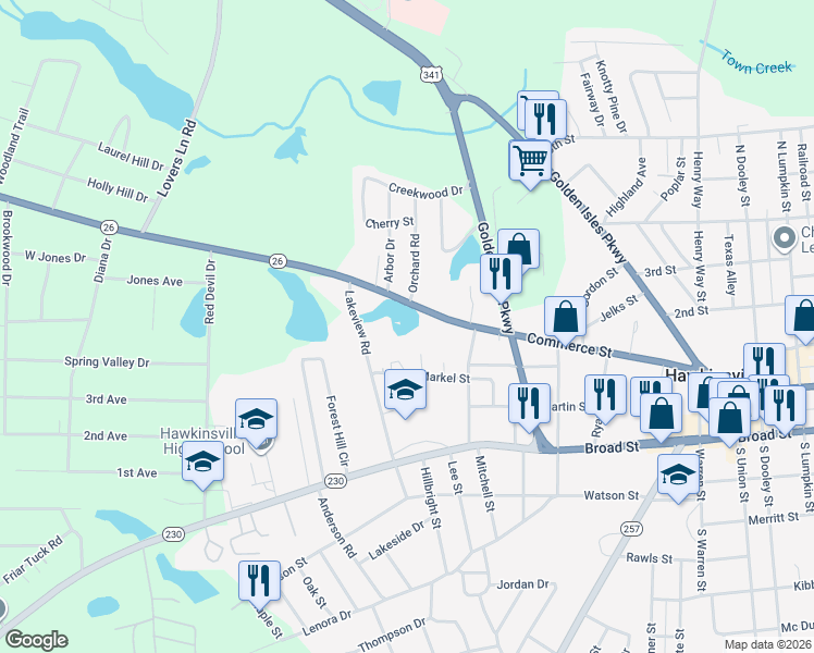 map of restaurants, bars, coffee shops, grocery stores, and more near 283 Commerce Street in Hawkinsville