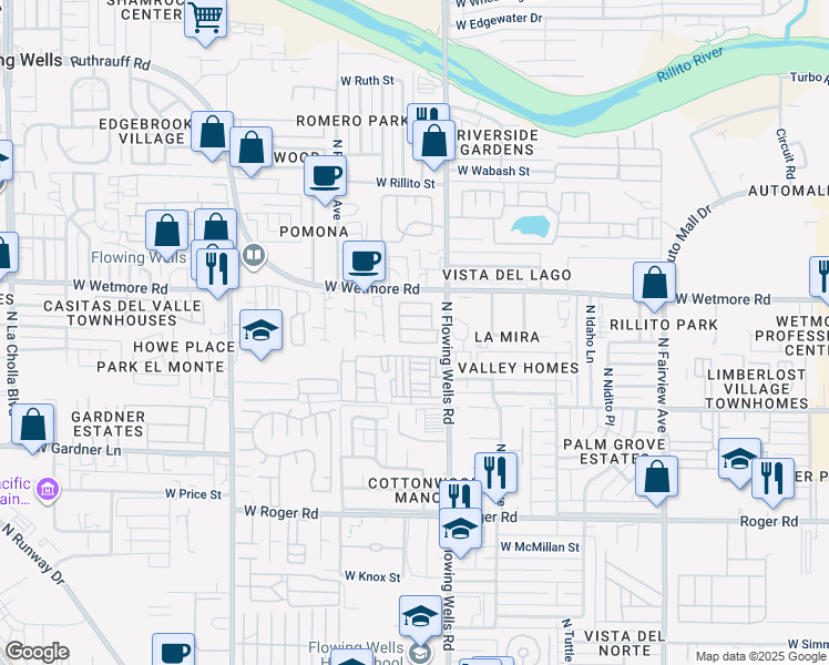 map of restaurants, bars, coffee shops, grocery stores, and more near 4315 North Flowing Wells Road in Tucson