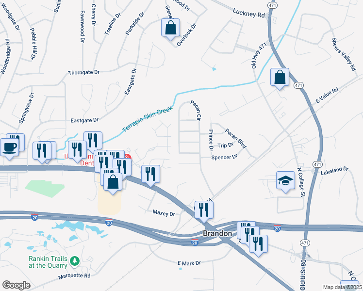 map of restaurants, bars, coffee shops, grocery stores, and more near 208 Post Oak Street in Brandon