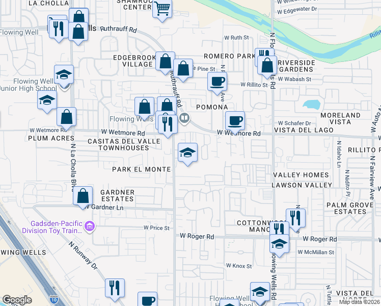 map of restaurants, bars, coffee shops, grocery stores, and more near 1659 West Wetmore Road in Tucson