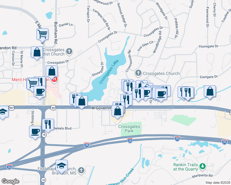 map of restaurants, bars, coffee shops, grocery stores, and more near 372 Lakebend Drive in Brandon