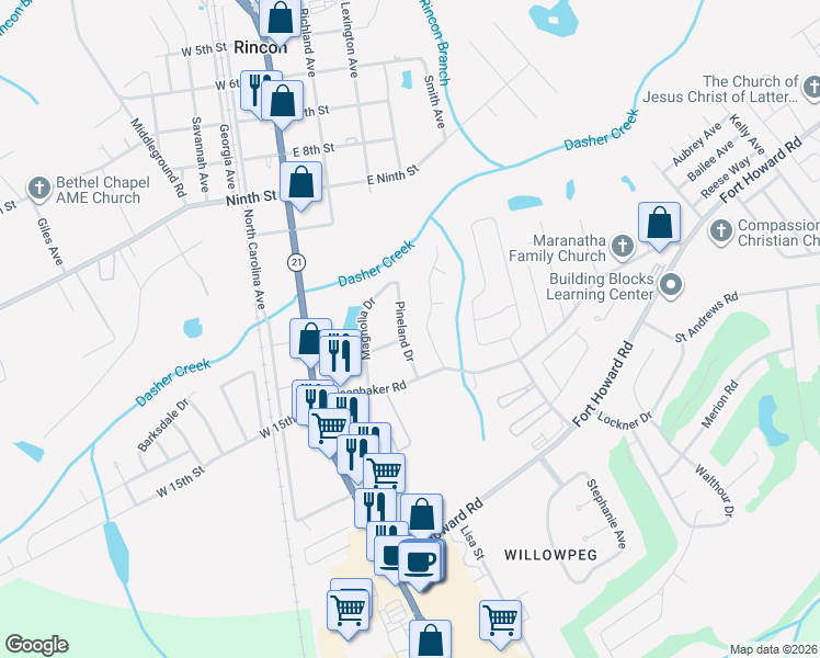 map of restaurants, bars, coffee shops, grocery stores, and more near 208 Pineland Drive in Rincon