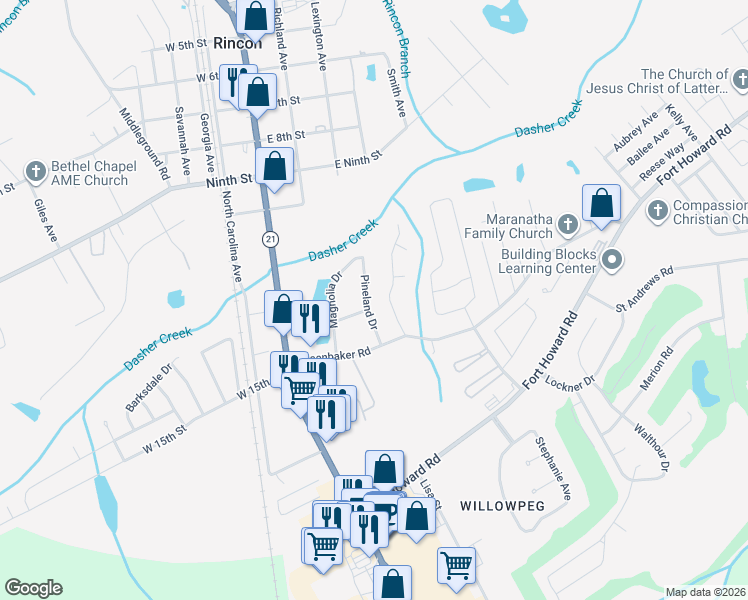 map of restaurants, bars, coffee shops, grocery stores, and more near 208 Pineland Drive in Rincon