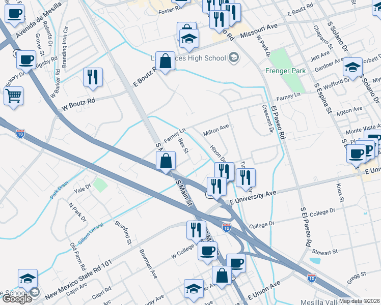 map of restaurants, bars, coffee shops, grocery stores, and more near 245 Bex Court in Las Cruces