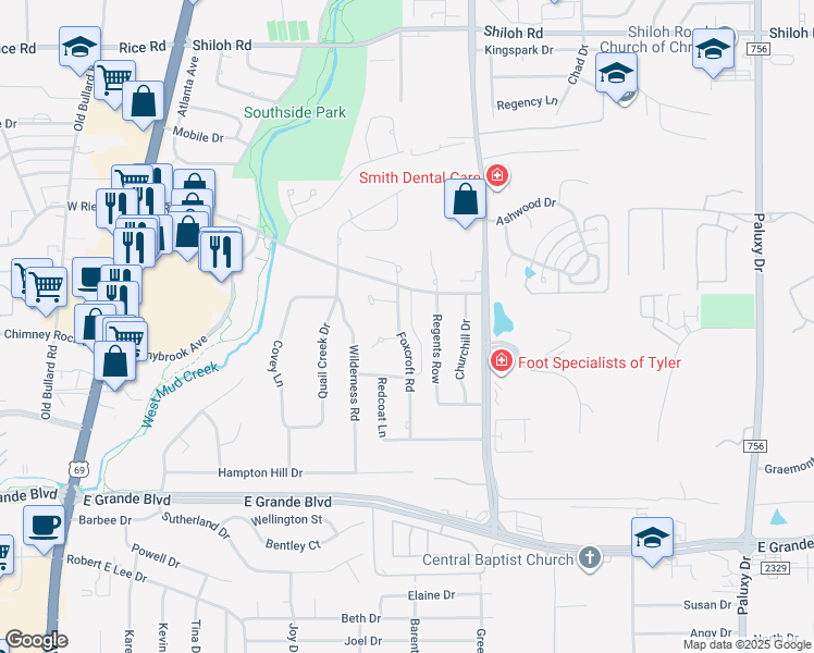 map of restaurants, bars, coffee shops, grocery stores, and more near 5703 Regents Row in Tyler