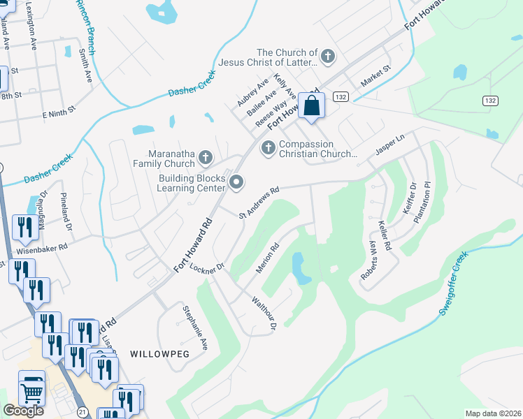 map of restaurants, bars, coffee shops, grocery stores, and more near 107 Saint Andrews Road in Rincon