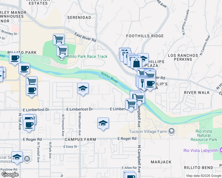 map of restaurants, bars, coffee shops, grocery stores, and more near 4320 North Rillito Creek Place in Tucson