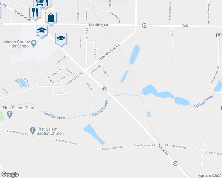map of restaurants, bars, coffee shops, grocery stores, and more near 822 Vienna Road in Montezuma