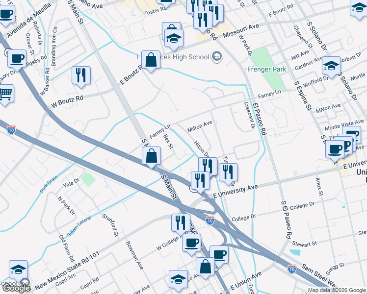 map of restaurants, bars, coffee shops, grocery stores, and more near 244 Bex Court in Las Cruces