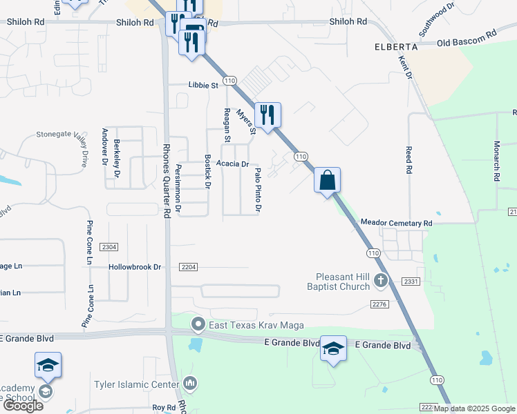 map of restaurants, bars, coffee shops, grocery stores, and more near 5831 Palo Pinto Drive in Tyler