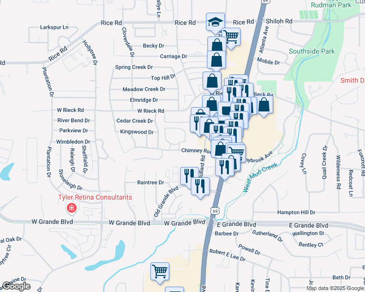 map of restaurants, bars, coffee shops, grocery stores, and more near 311 Chimney Rock Drive in Tyler