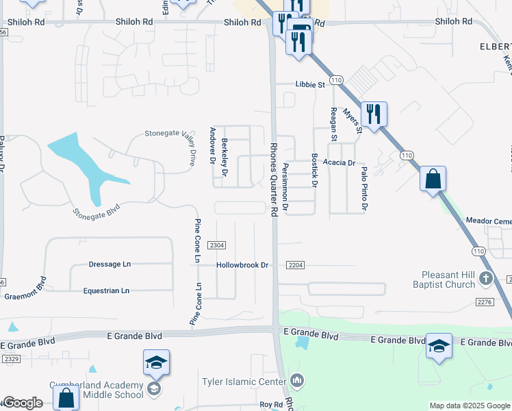 map of restaurants, bars, coffee shops, grocery stores, and more near 5830 Havens Trail in Tyler