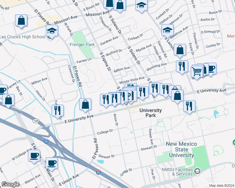map of restaurants, bars, coffee shops, grocery stores, and more near 2418 South Espina Street in Las Cruces