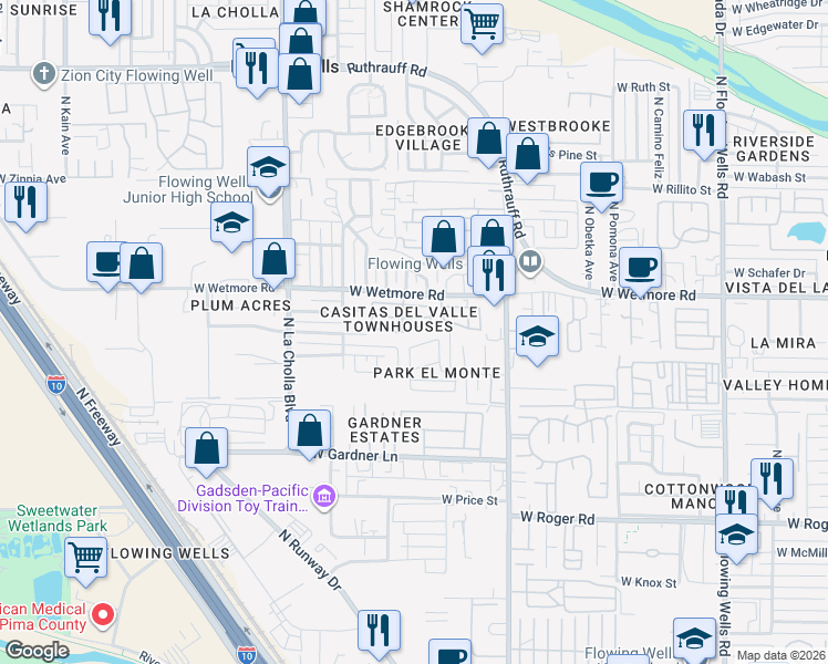 map of restaurants, bars, coffee shops, grocery stores, and more near 4351 North Frey Avenue in Tucson