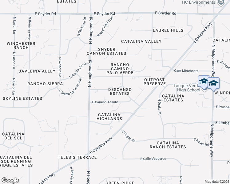 map of restaurants, bars, coffee shops, grocery stores, and more near 10430 East Calle Descanso in Tucson