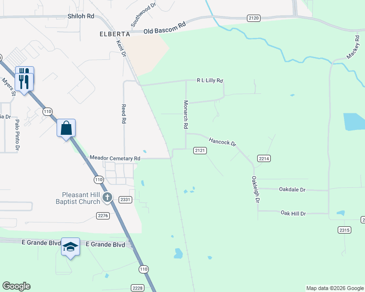 map of restaurants, bars, coffee shops, grocery stores, and more near 13305 Monarch Road in Tyler