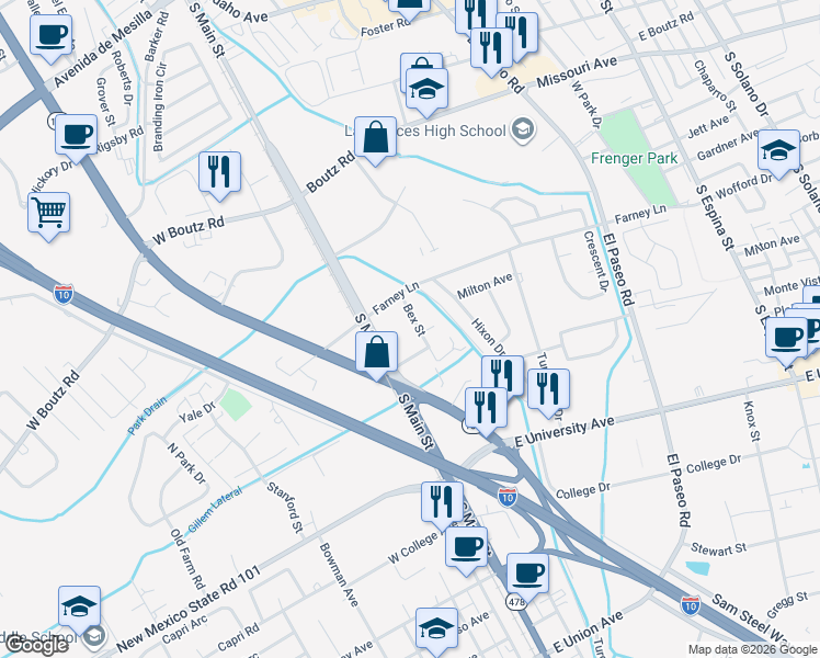 map of restaurants, bars, coffee shops, grocery stores, and more near 2170 Bex Street in Las Cruces