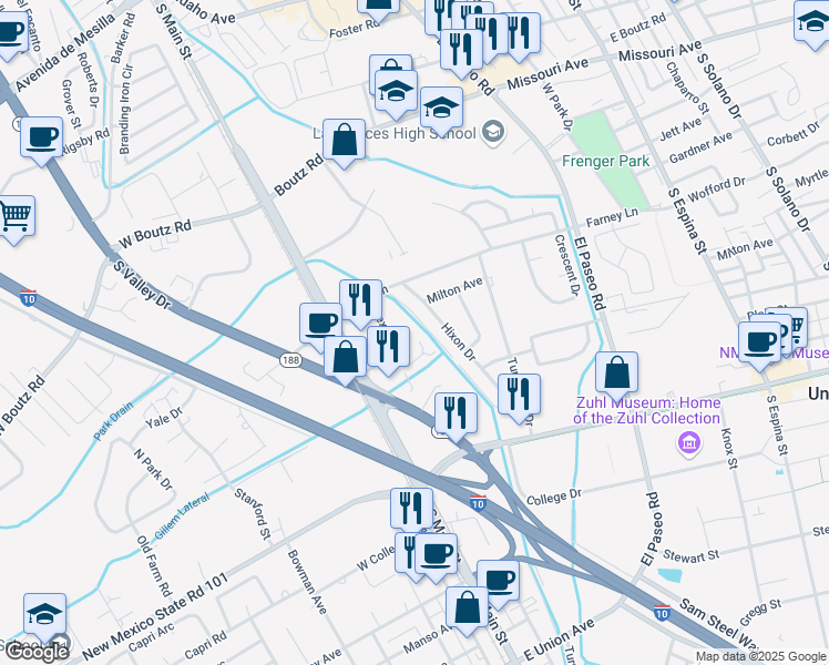 map of restaurants, bars, coffee shops, grocery stores, and more near 245 Bex Court in Las Cruces