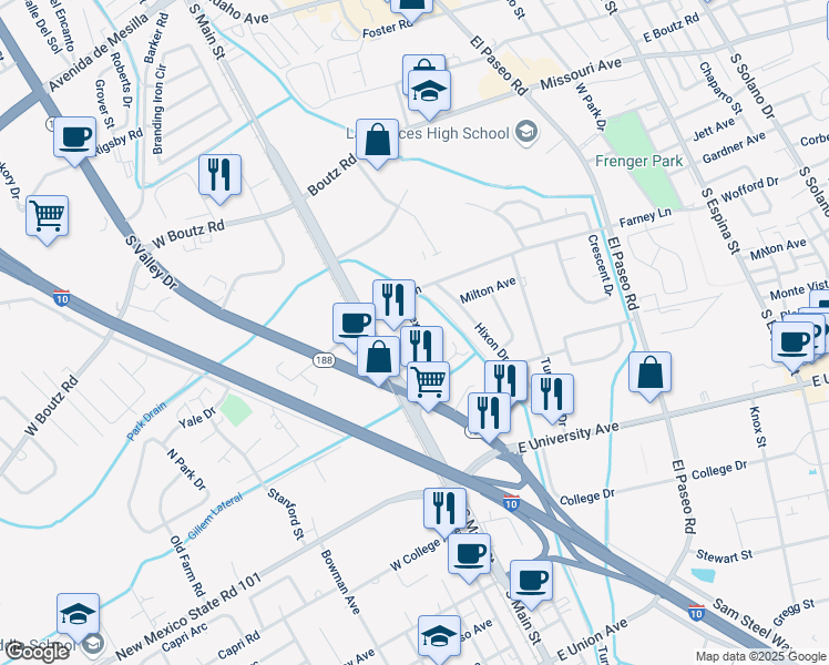 map of restaurants, bars, coffee shops, grocery stores, and more near 2170 Bex Street in Las Cruces