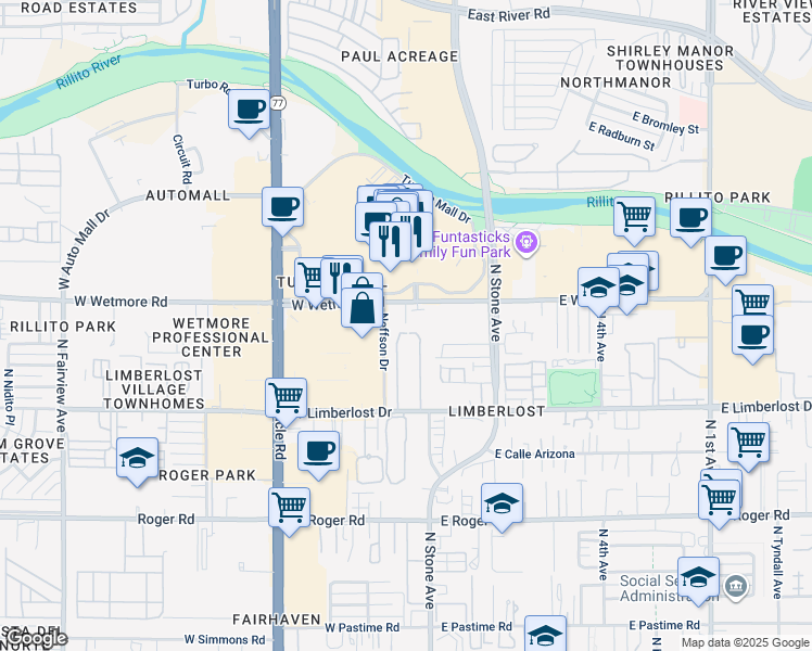 map of restaurants, bars, coffee shops, grocery stores, and more near 33 West Wetmore Road in Tucson