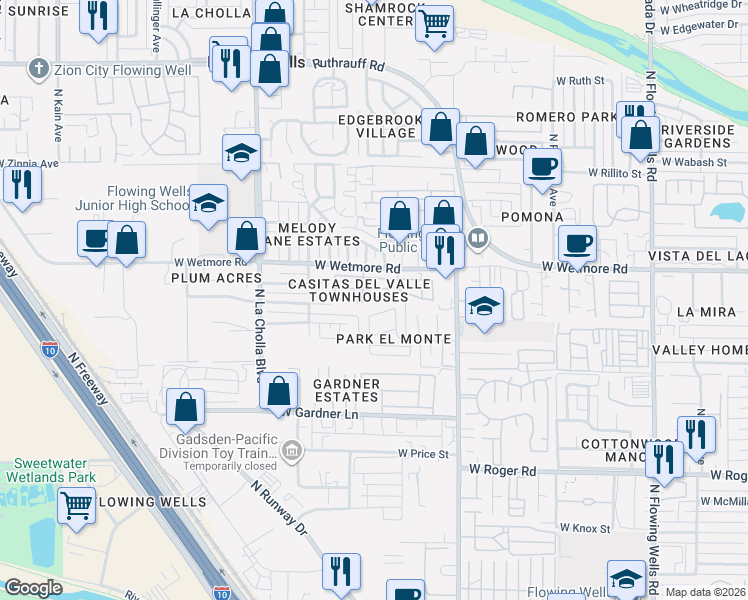 map of restaurants, bars, coffee shops, grocery stores, and more near 4351 North Frey Avenue in Tucson