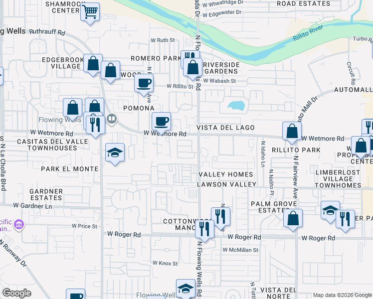 map of restaurants, bars, coffee shops, grocery stores, and more near 4315 North Flowing Wells Road in Tucson