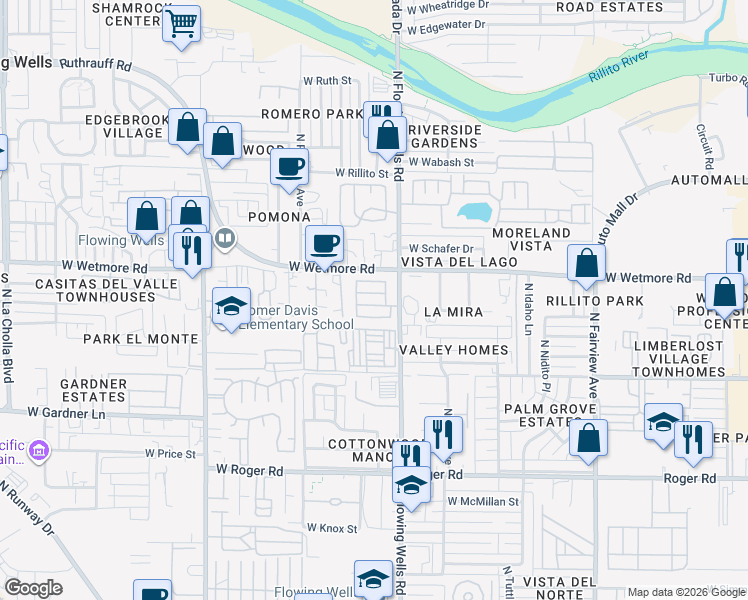 map of restaurants, bars, coffee shops, grocery stores, and more near in Flowing Wells