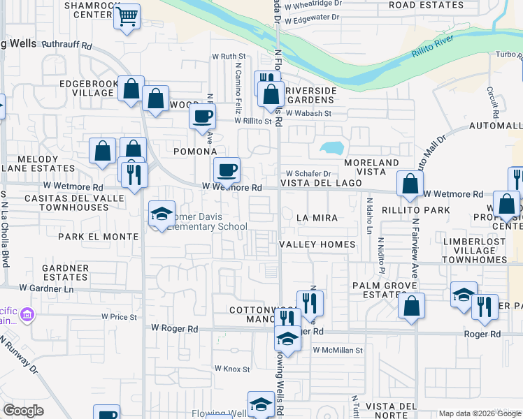 map of restaurants, bars, coffee shops, grocery stores, and more near in Flowing Wells