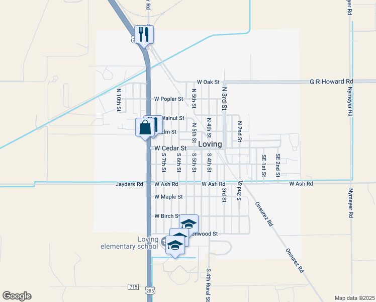 map of restaurants, bars, coffee shops, grocery stores, and more near 507 West Cedar Street in Loving