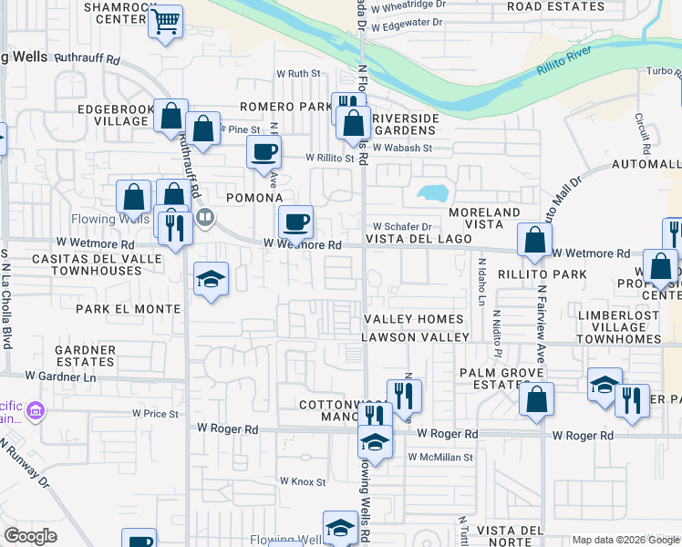 map of restaurants, bars, coffee shops, grocery stores, and more near in Flowing Wells
