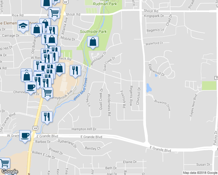 map of restaurants, bars, coffee shops, grocery stores, and more near 5810 Wilderness Road in Tyler