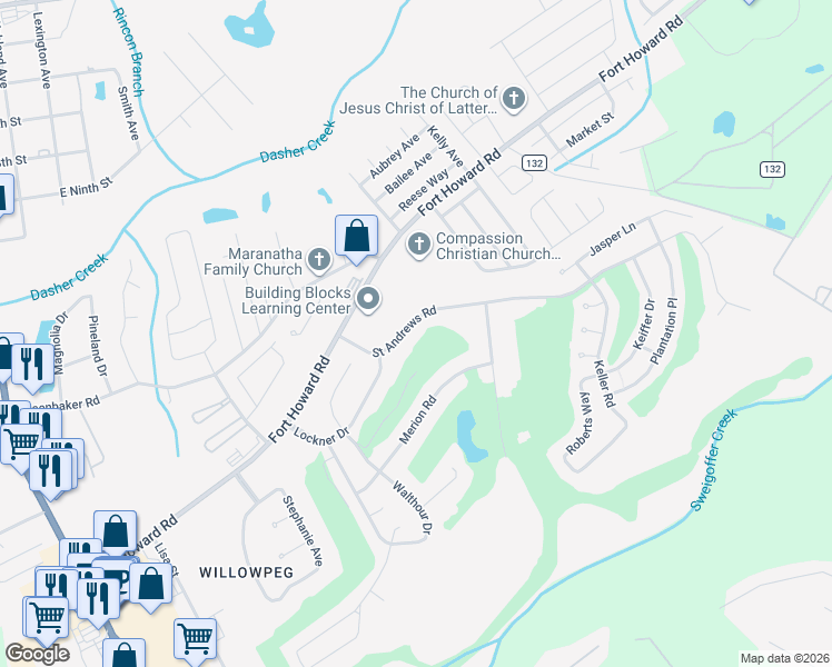 map of restaurants, bars, coffee shops, grocery stores, and more near 107 Saint Andrews Road in Rincon