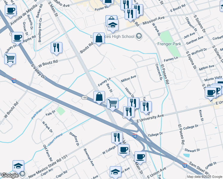 map of restaurants, bars, coffee shops, grocery stores, and more near 2170 Bex Street in Las Cruces
