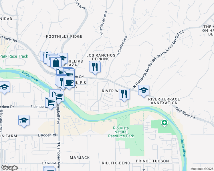 map of restaurants, bars, coffee shops, grocery stores, and more near 4359 North Río Canción in Tucson
