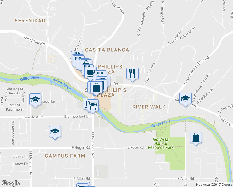 map of restaurants, bars, coffee shops, grocery stores, and more near 2200 East River Road in Tucson