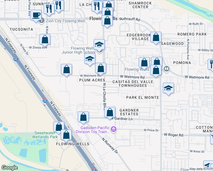 map of restaurants, bars, coffee shops, grocery stores, and more near 2065 West Amy Drive in Tucson