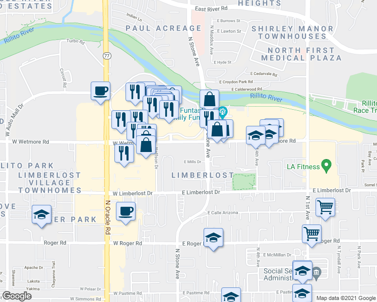 map of restaurants, bars, coffee shops, grocery stores, and more near 46 East Wetmore Road in Tucson