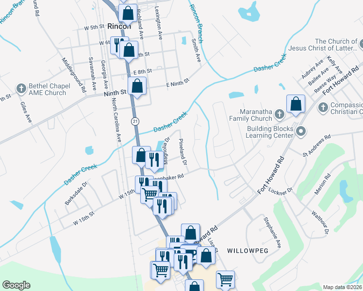 map of restaurants, bars, coffee shops, grocery stores, and more near 208 Pineland Drive in Rincon
