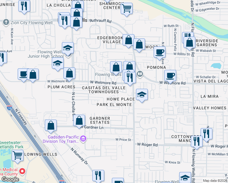 map of restaurants, bars, coffee shops, grocery stores, and more near 4351 North Record Place in Tucson