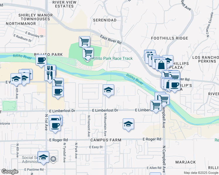 map of restaurants, bars, coffee shops, grocery stores, and more near 4356 North Atfield Place in Tucson