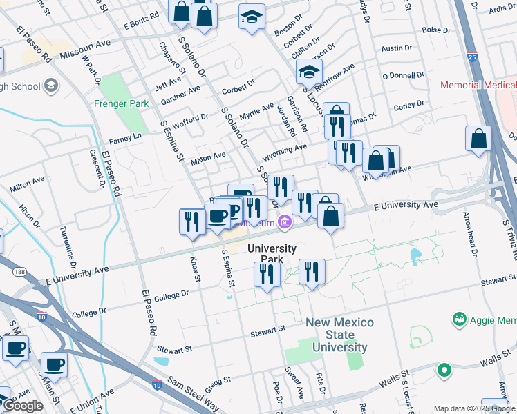 map of restaurants, bars, coffee shops, grocery stores, and more near 1263 East Mesa Avenue in Las Cruces