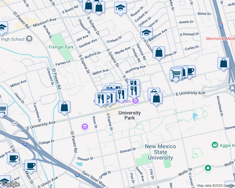 map of restaurants, bars, coffee shops, grocery stores, and more near 2520 Hagerty Road in Las Cruces