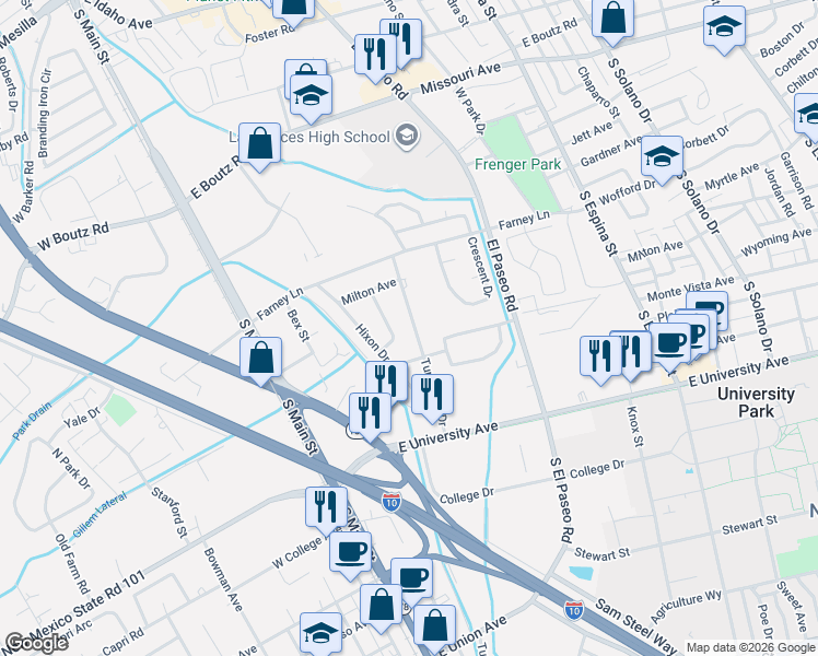 map of restaurants, bars, coffee shops, grocery stores, and more near 2044 Turrentine Drive in Las Cruces