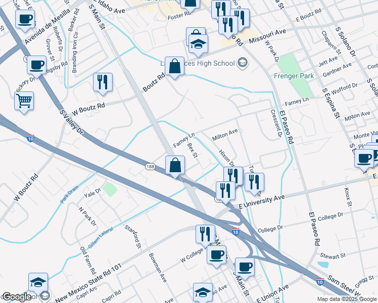 map of restaurants, bars, coffee shops, grocery stores, and more near 2170 Bex Street in Las Cruces