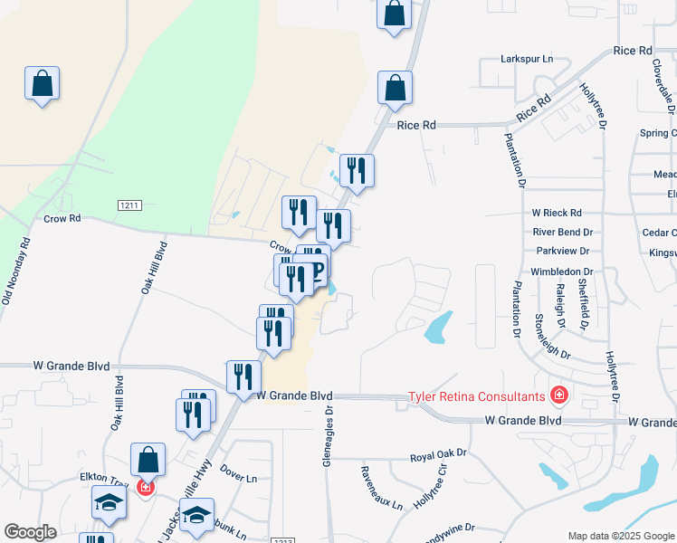 map of restaurants, bars, coffee shops, grocery stores, and more near 5550 Old Jacksonville Highway in Tyler
