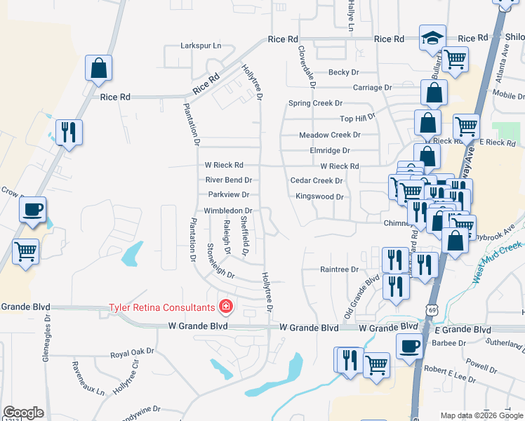 map of restaurants, bars, coffee shops, grocery stores, and more near 5801 Creekside Cir in Tyler