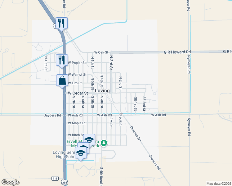 map of restaurants, bars, coffee shops, grocery stores, and more near 210 West Cedar Street in Loving