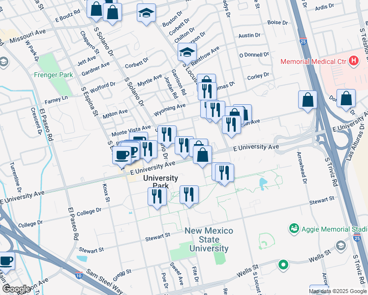 map of restaurants, bars, coffee shops, grocery stores, and more near 2600 Chaparral Street in Las Cruces